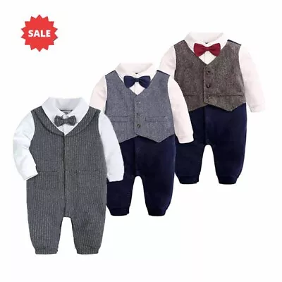 Baby Boy One Piece Christening Bow Tie Formal Tuxedo Romper Outfit Wedding Party • £14.89