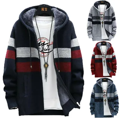 £21.99 • Buy Mens Hoodie Fleece Lined Knitted Cardigan Winter Zip Up Thick Thermal Jumper Top