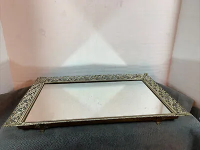Vintage Vanity Dresser Mirror Tray Gold/White  Filigree Footed Rectangular MCM • $14.50