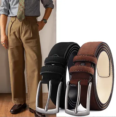 Mens Belt Genuine Leather Suede Pin Metal Buckle Luxury Brushed Straps Welour • $7.99