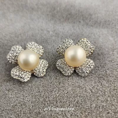 Vintage Kenneth Jay Lane Clip Earrings Cream Faux Pearl Crystal Flower • $38.88