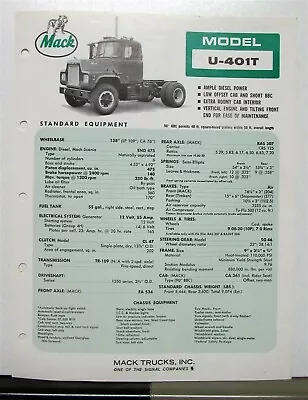 1970 Mack Truck Model U 401T Specification Sheet • $13.69