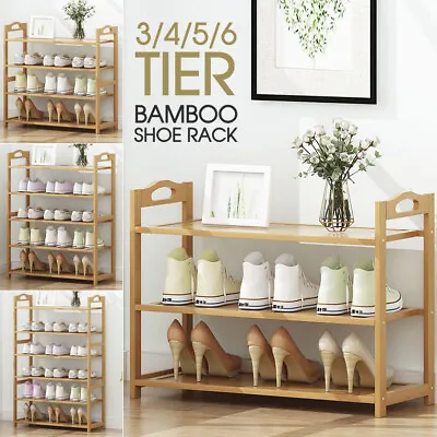 $35.99 • Buy 3 4 5 6 Tier Bamboo Wooden Layer Shoe Organizer Rack Shelf Stand Storage