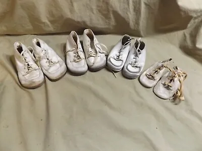 4 Vintage Pairs White Leather Baby First Walkers Well Used Distressed Stiff • $4