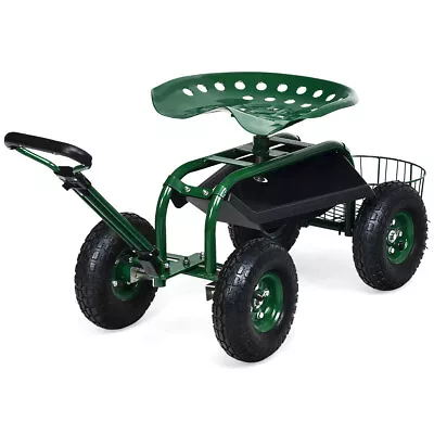 Costway Garden Cart Patio Wagon Roll Work Seat W/Tray Basket Extendable Handle • $99.99