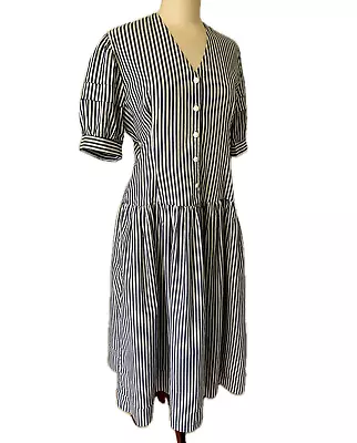 Vintage Marion Donaldson Stripe Nautical Pockets Button Front 1980s Midi Dress • £74.99