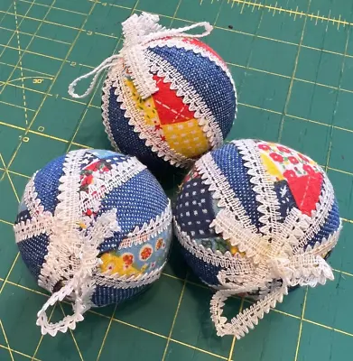 Vtg Fabric Calico Patchwork Lace Trim Ball Christmas Ornaments Red Blue Yellow • $8.50