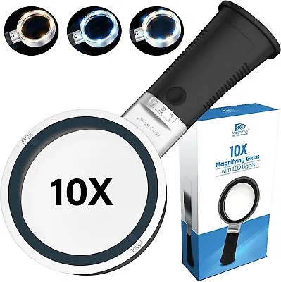 Magnifying Glass 10X 12 LED Light Handheld Antiglare Reading Magnifier FreeStand • £12.99