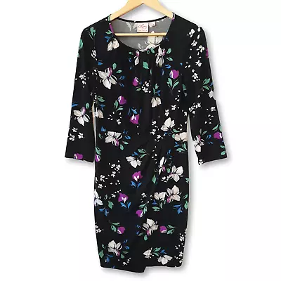 Leona By Leona Edmiston Dress 10 Black Floral Print Faux Wrap Jersey Womens • $35