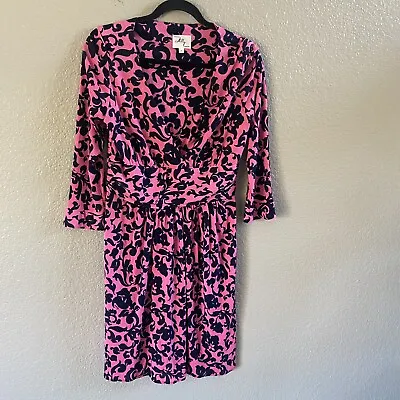 Milly Of New York Dress Womens Medium Pink Blue Print Silk 3/4 Sleeve Ruched • $34.95