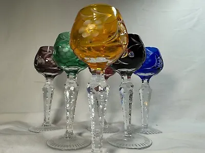 (6) Nachtmann (?) 5.25 Inch Cut To Clear CORDIAL GLASSES Various Colors W/Grapes • $100