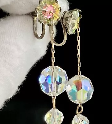 Vintage Aurora Borealis Crystal Flower Prong Set Round Dangling 2” Earrings 7.8g • $44.80