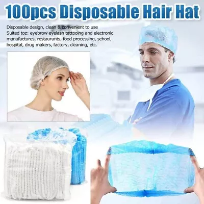 100 Disposable Caps Hair Net Food Catering Kitchen Mob Non Woven Workwear Hat UK • £2.25