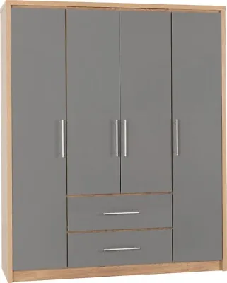 £349.99 • Buy Seville 4 Door 2 Drawer Wardrobe Grey High Gloss And Light Oak Effect Veneer