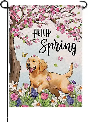 Hello Spring Golden Retriever Dog Small Decorative Garden Flag Puppy Pink Flora • $6.99