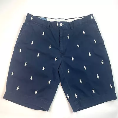 Polo Ralph Lauren Navy Chino Shorts Pony All Over Print Mens 35 Blue *EXCELLENT! • $20.28