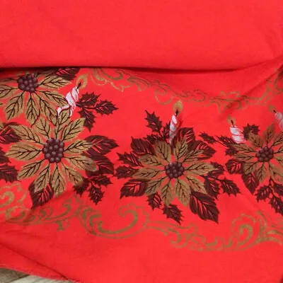$15 • Buy Vintage Christmas Tablecloth 52  Round Red Poinsettia Candle Mid Century