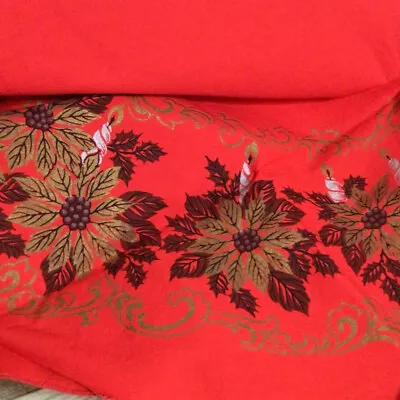 $15 • Buy Vintage Christmas Tablecloth 52  Round Red Poinsettia Candle Mid Century