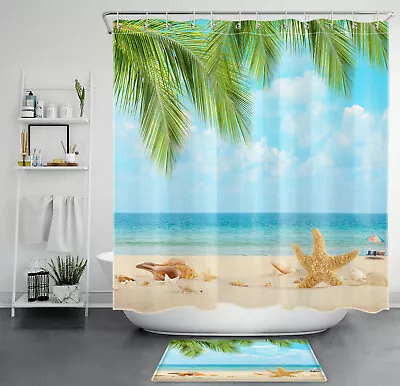 Funny Starfish Beach Shower Curtain Green Palm Leaf Bathroom Accessories Set • $10.99