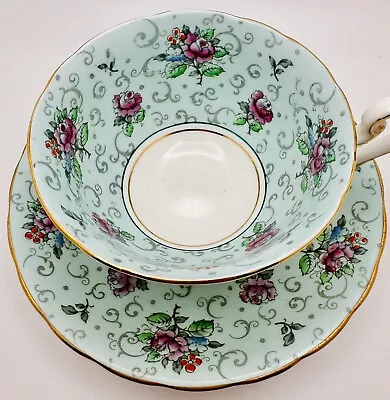 Vintage Victoria “English Rose” Pink Turquoise Cup & Saucer; Hand Painted Teacup • $23.99