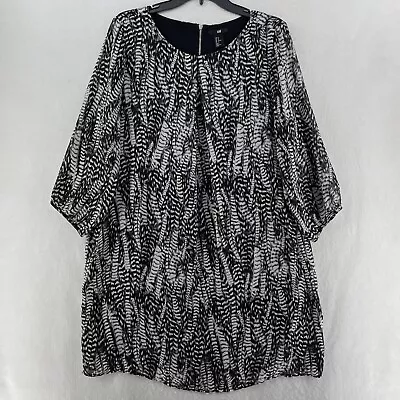 H&M Shift Dress Women 12 White Black Print 3/4 Sleeve Lined Relaxed Tunic Zipper • $12.99