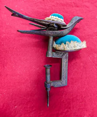 Victorian C. 1860 Bronze Sewing Bird C-Clamp Pin Cushion Authentic Not Repro • $265