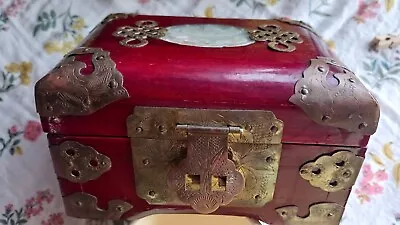 Box Wooden 6 X 4 Brass Hinged Chinese Jade? Inlay.lined Red With Lock But No Key • $12.99