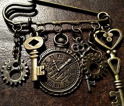 Steampunk Gear Key And Clock Kilt Brooch Safety Pin • $11.99
