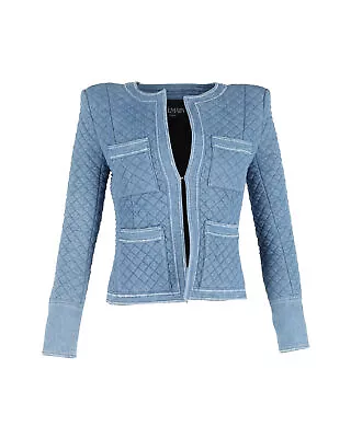 Balmain Quilted Collarless Blazer In Blue Cotton UK12 • £374