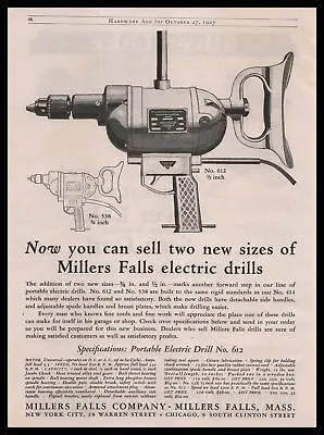 1927 Millers Falls Co. Massachusetts No. 538 & 612 Electric Drill Tools Print Ad • $18.69