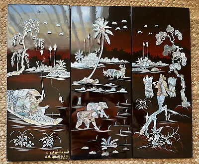 3 Panel Vietnamese Lacquer Painting Signed S. M. Quan Ha Kinh Bien • $150