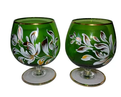 Vintage MCM Mid Century Evergreen Gold Floral Brandy Cognac Snifter Glasses • $14