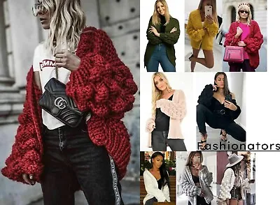 £16.99 • Buy Women's Ladies Chunky Knit Jumper Bubble Bobble Sleeve Knitted Cardigan Jacket