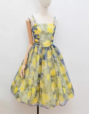 50s Chiffon Floral Full Skirt Dark Blue Yellow Party Dress Rockabilly Prom Sun • £110