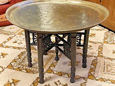 Beautiful Vintage Middle Eastern Brass Table With Wooden Stand -Diameter - 68 Cm • $233.65