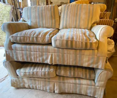 Pair Of 2-3 Seater Thick Quality Blue Beige Stripe Textured Upholstery Sofas • £400