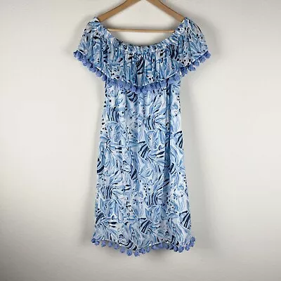 Sail To Sable Voile Dress Womens Medium Blue Fish Print Off The Shoulder Tassel • $41.99