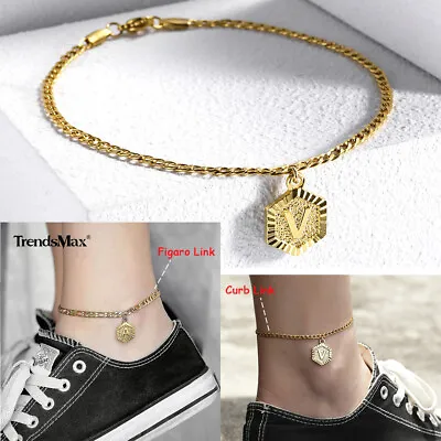 2 Style Letter A-Z Anklet Bracelet Gold Plated Stainless Steel Figaro/Curb Chain • $8.07