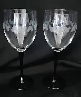 Disney Mickey Etched Wine Glasses Black Stems  Set Of Two • $29.99