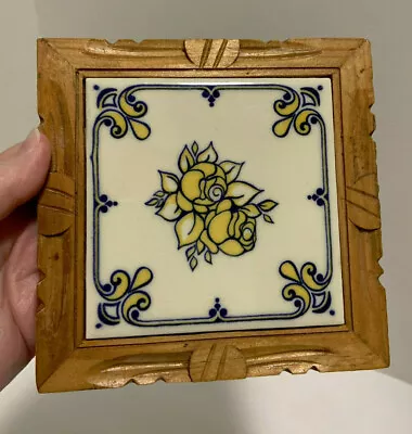 Mexican DAL-TILE TRIVET Footed With Hand Carved Wood White With Blue & Yellow  • $12.99