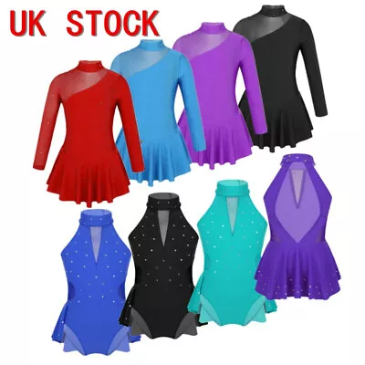 UK Kids Girls Dance Dress Figure Ice Skating Dancewear Mock Neck Cutouts Leotard • £13.56