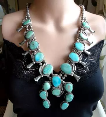 VINTAGE NAVAJO BLUE GREEN TURQUOISE STERLING SQUASH BLOSSOM NECKLACE 29  246gr • $1799