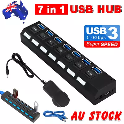 7 Port USB HUB 3.0 Powered Cable With High Speed Splitter Extender Switch On/Off • $18.85