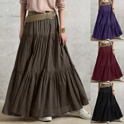 $33.96 • Buy Women Pleated Skirt Maxi Vintage Casual Loose Ruffle Long Swing Dress Plus Size