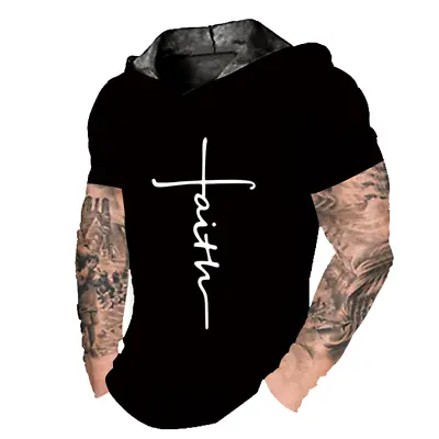 $19.86 • Buy ⭐Men Hoodie Hooded Short Sleeve Faith Cross Graphic Black Sweatshirt LightWeight