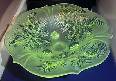 Vintage Fenton Art Glass Pineapple Crystal Satin Bowl 3 Footed 1930s 11” UV Glow • $50