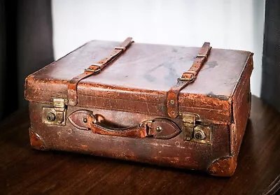 Charming Large Antique Thick Leather Suitcase Luggage Case Storage Home Decor • $475