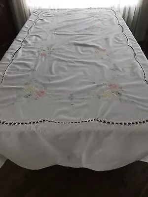 Colorful  Vintage EMBROIDERED & CROCHETED Tablecloth 96  X 62  • $30