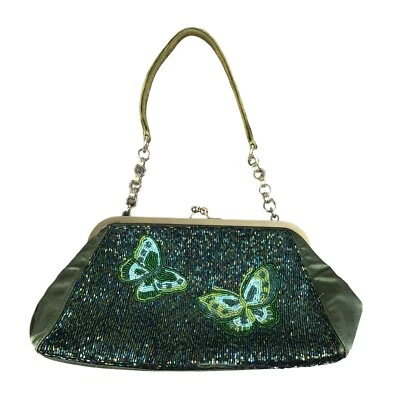 $12.06 • Buy Liz Claiborne 90s Beaded Butterfly Purse Clasp Closure Green Silky Vintage