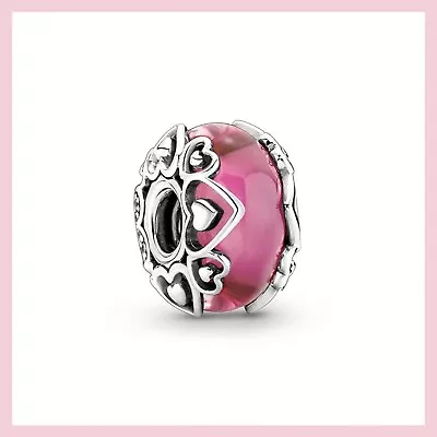 Genuine 925 Sterling Silver Pink Glass Hearts Bead Charm +FREE Jewellery Bag! • £12.50